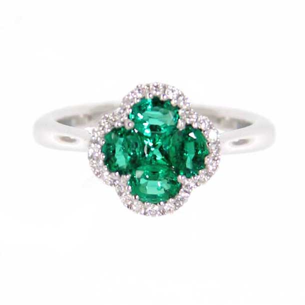 18K GOLD, DIAMOND AND EMERALD CLOVER RING  Van Peterson&#8217;s makes Emerald collection  18K GOLD DIAMOND AND EMERALD CLOVER RING